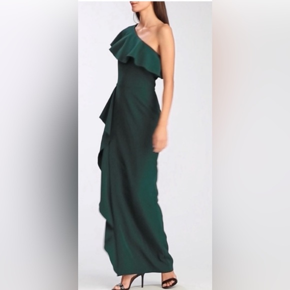 Ralph Lauren Lauren Green Asymmetrical One-Shoulder Gown Size 6 - Picture 1 of 14
